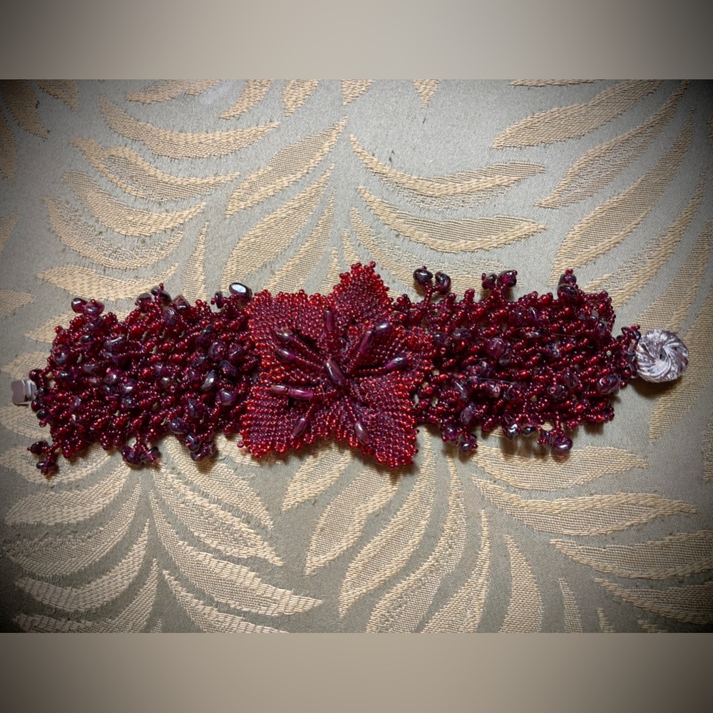 Stunning Czech Garnet Colored Woven Bracelet with Single Bead Flower Detail
